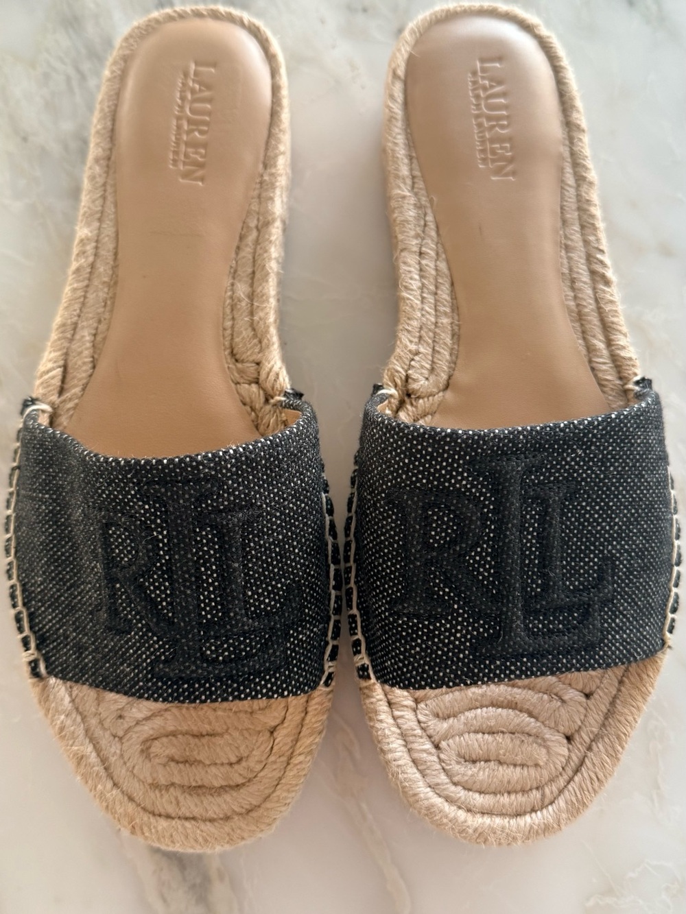 Lauren Ralph Lauren Poly Denim Logo Espadrille Slide Sandals in Black 7.5 New